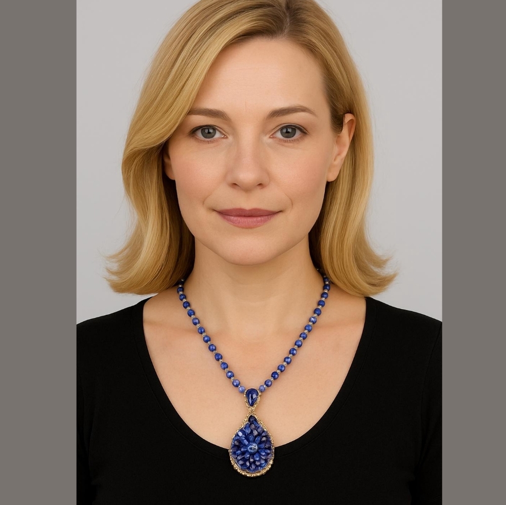 Royal Blue Floral Cat's Eye Teardrop  Crystal Bead Pendant Necklace Goldtone - Picture 2 of 6